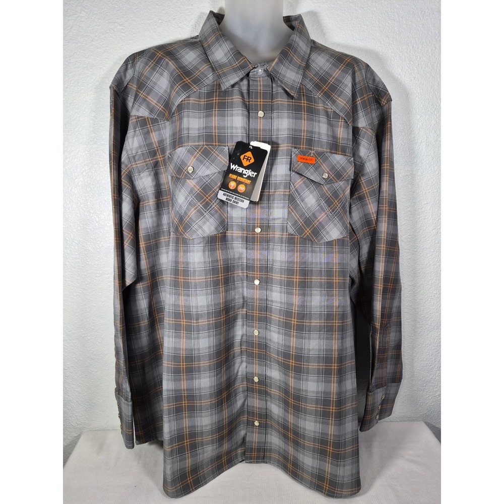 Wrangler FR Flame Resistant Pearl Snap Western Work Shirt Grey Orange Plaid CAT2
